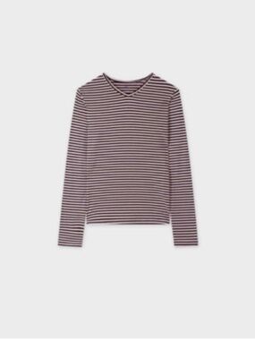 NWT Meli Tee Shirt Thin Stripe High V Tee-Burgundy/White Small